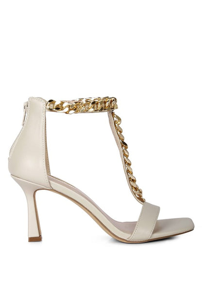 Real Gem T Strap Chain Detail Mid Heel Sandals