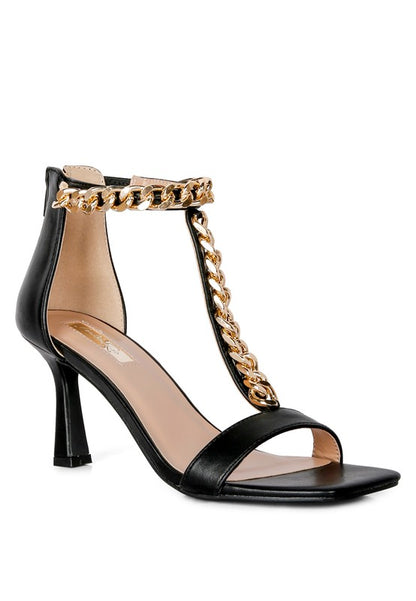 Real Gem T Strap Chain Detail Mid Heel Sandals