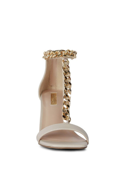 Real Gem T Strap Chain Detail Mid Heel Sandals