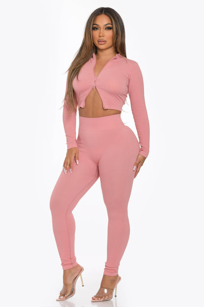 2 Pcs Seamless Long Zipper Crop Top and Legging Set