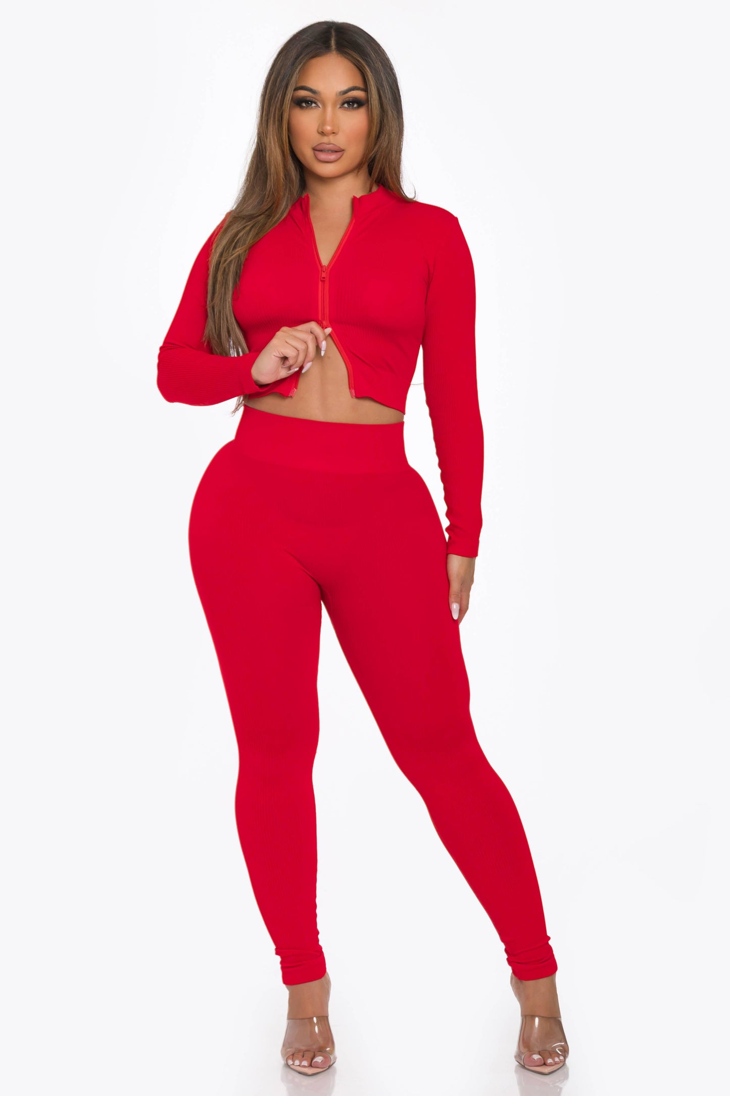 2 Pcs Seamless Long Zipper Crop Top and Legging Set