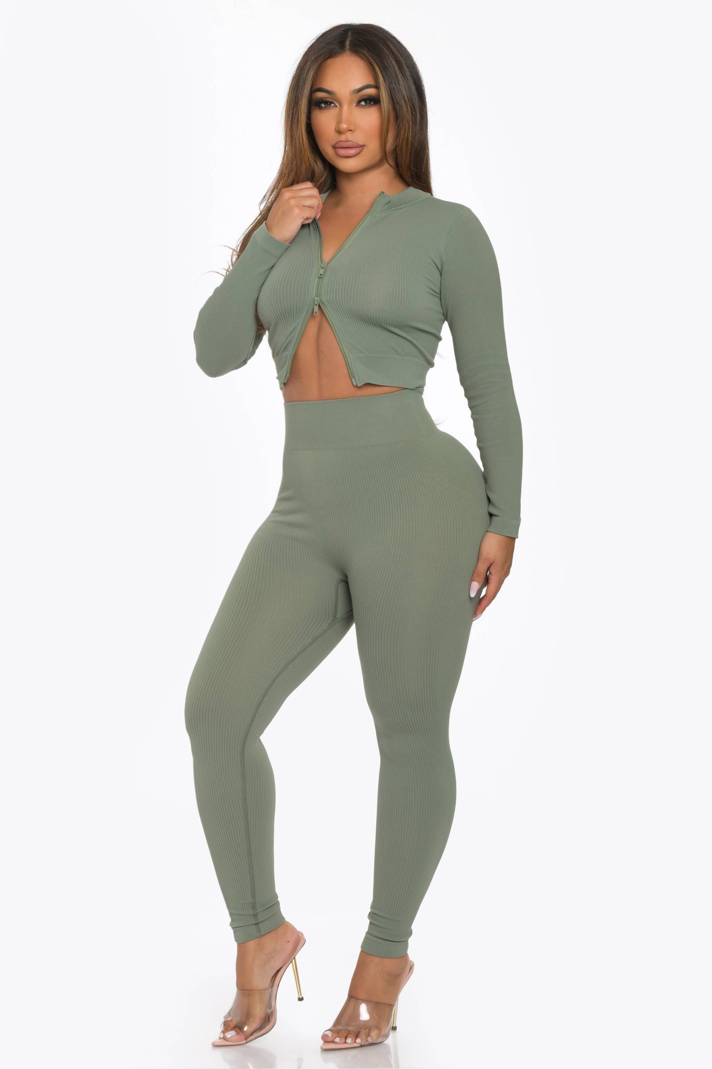 2 Pcs Seamless Long Zipper Crop Top and Legging Set