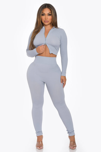 2 Pcs Seamless Long Zipper Crop Top and Legging Set