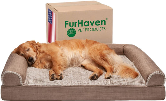 Furhaven XL Orthopedic Dog Bed Luxe Faux Fur & Performance Linen Sofa-Style W/ Removable Washable Cover - Woodsmoke, Jumbo (X-Large)